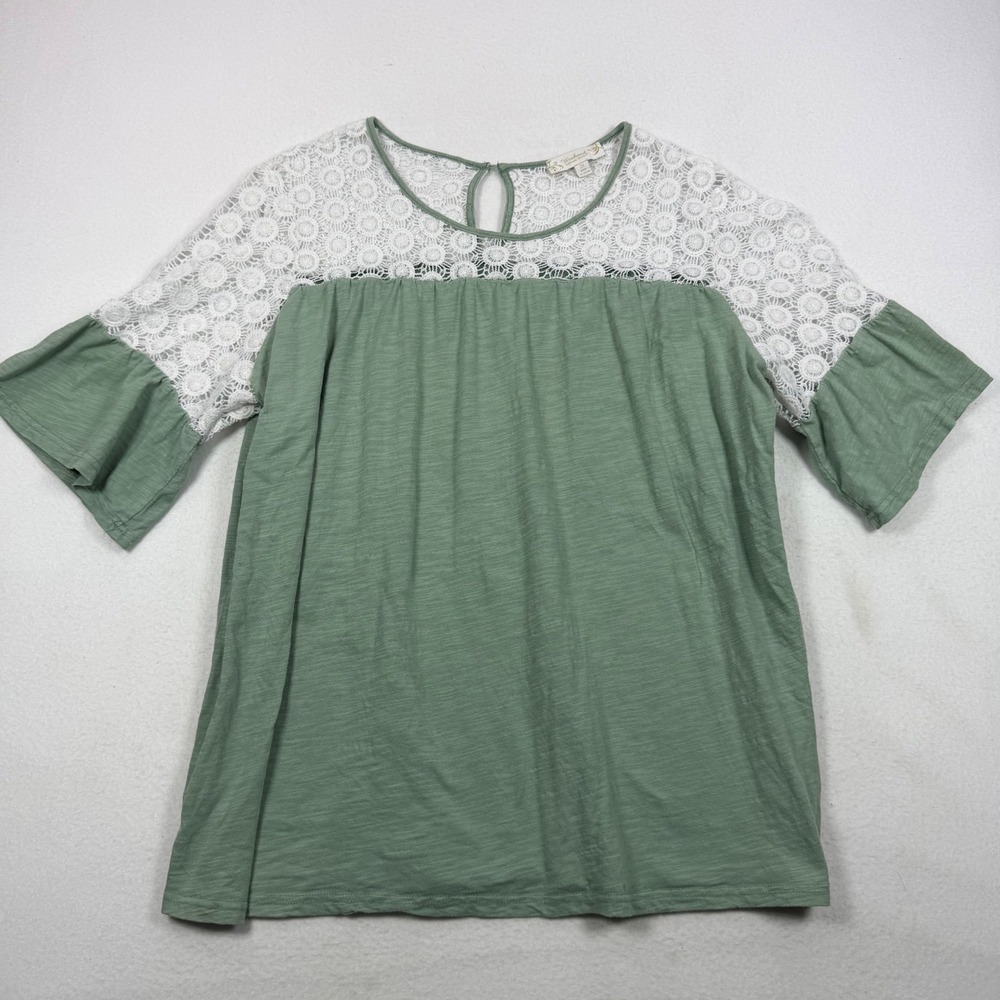 Suzanne Betro Weekend Sage Green Lace Crochet Bell Sleeve Top 2X U9502241